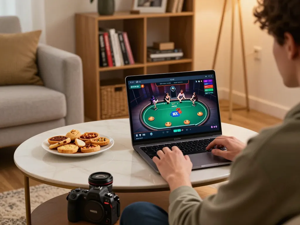 Player enjoying MK8 in a cozy home gaming setup with a laptop and snacks.