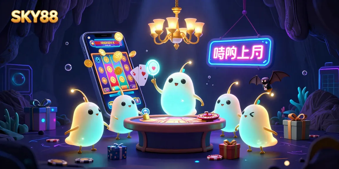 Experience thrilling gambling with SKY88 as vibrant glowworms illuminate a magical casino scene.