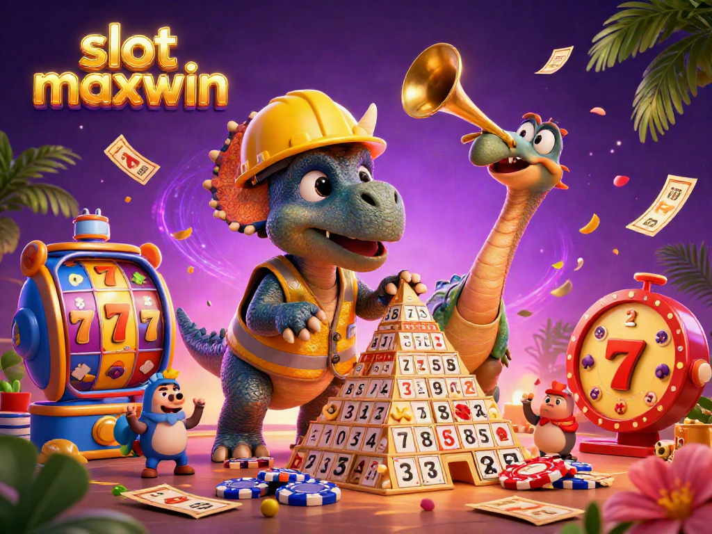 Join the excitement of slot maxwin with colorful 3D creatures celebrating in a vibrant casino scene.