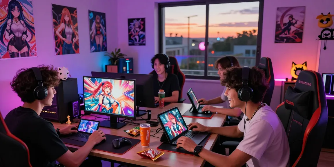 Engaged gamers exploring hentai games on multiple devices in a cozy gaming space.