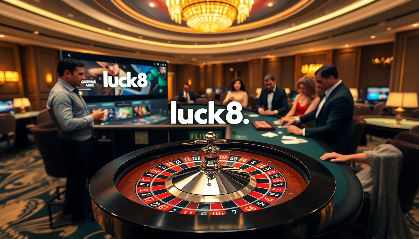 Experience high-stakes gambling with the stylish layout at https://luck8.discount/ featuring a roulette table and poker chips.