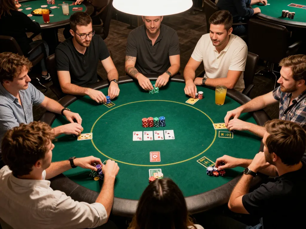 Lu88 players engaged in an exciting poker game at a cozy home gathering, showcasing competitive camaraderie and strategy.