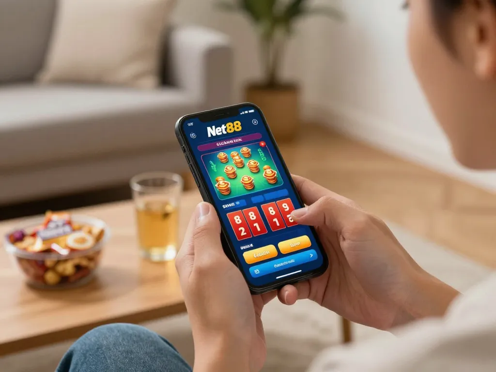 Engaging user in living room accessing casino games via link vào Net88 app, showcasing responsible gaming.
