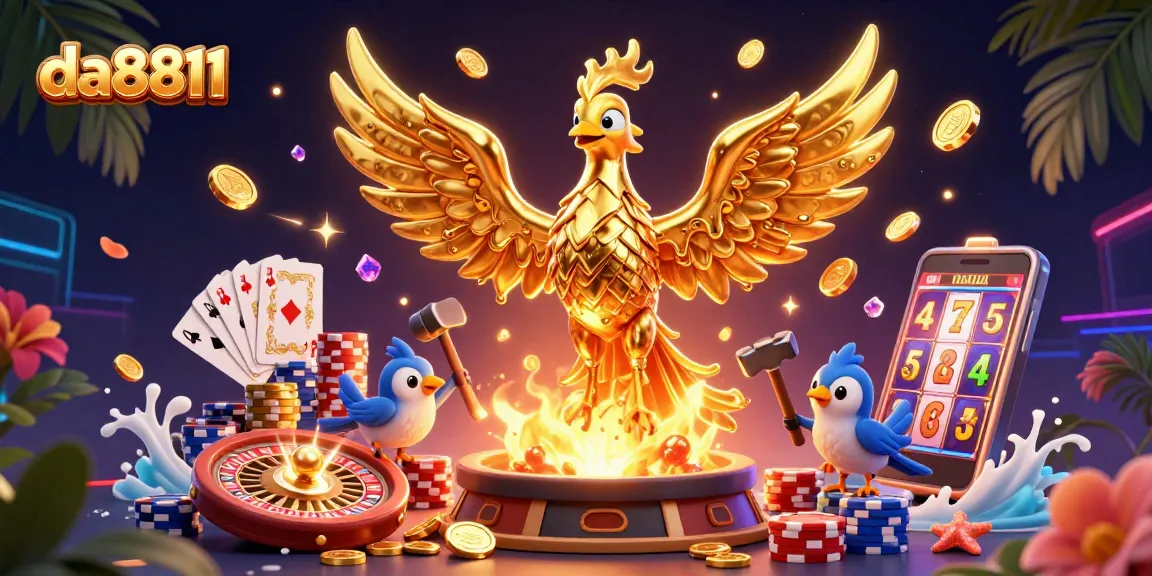 Experience winning chances at da8811 with vibrant 3D casino elements and a golden phoenix motif.
