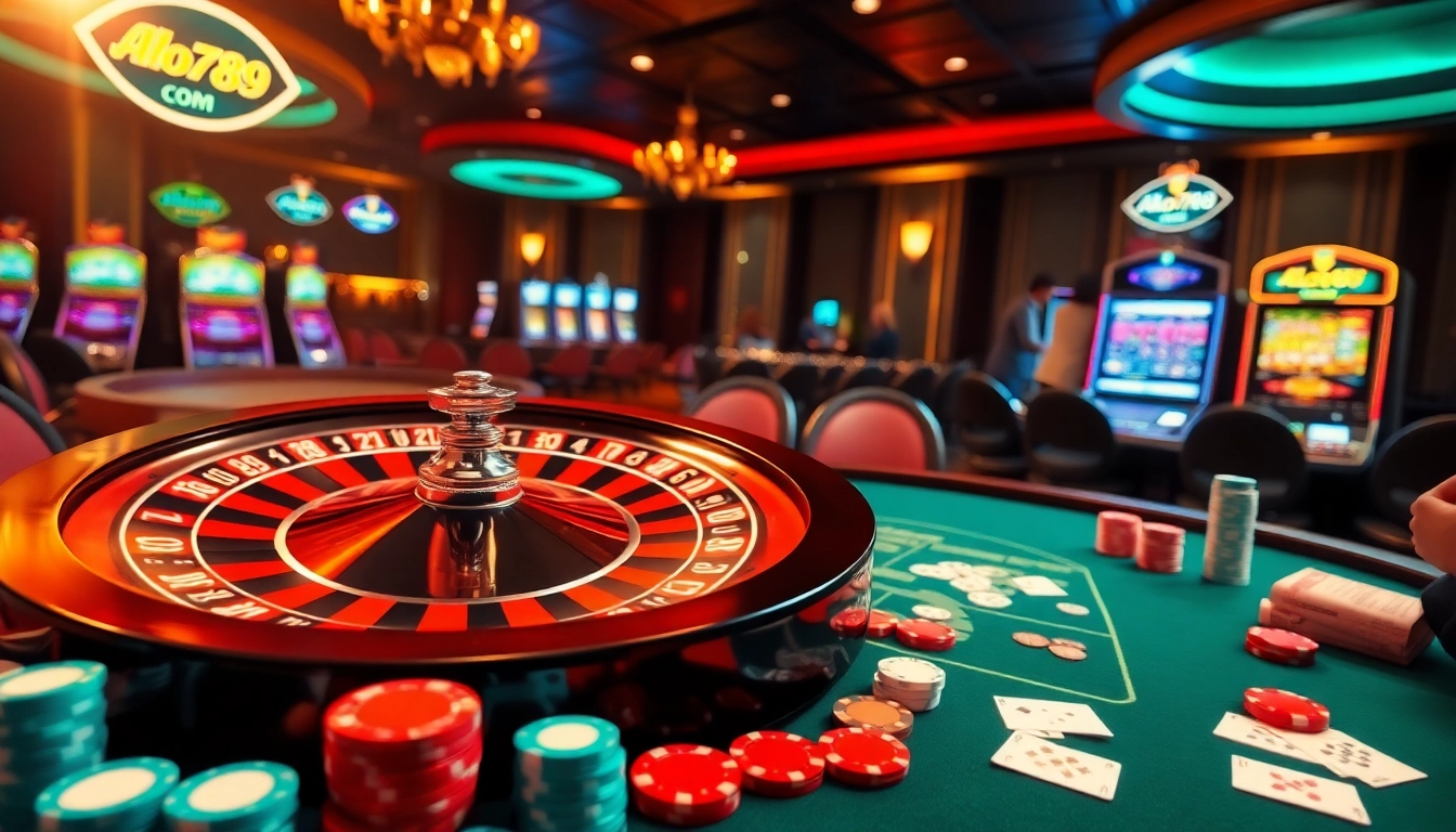 A lively poker game at alo789 com casino with vibrant chips and cards, invoking excitement.