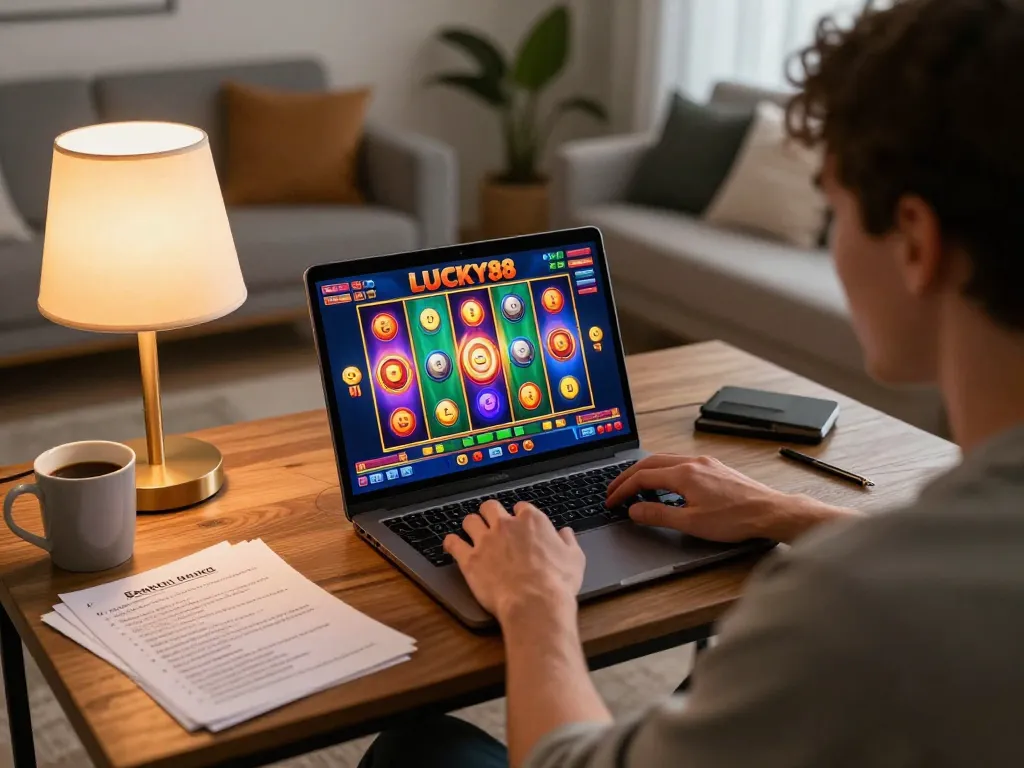 LUCKY88 player engaging with exciting slot game at a cozy home gaming setup