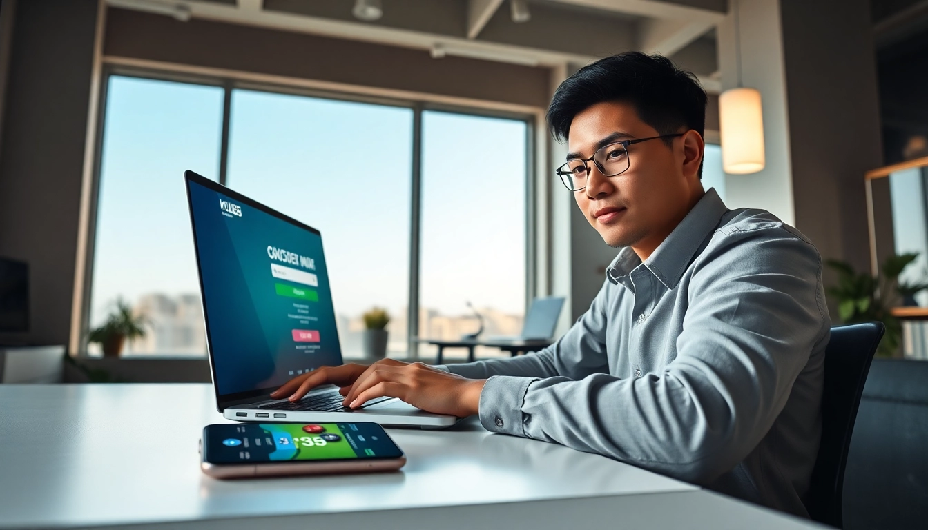 Đăng nhập Kubet88 on a sleek laptop in a modern workspace.