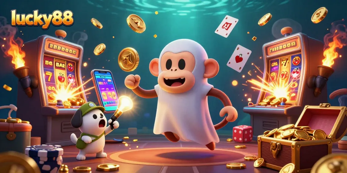 Experience lucky88 gaming excitement in a vibrant casino scene with a monkey, puppy, and jackpot elements.