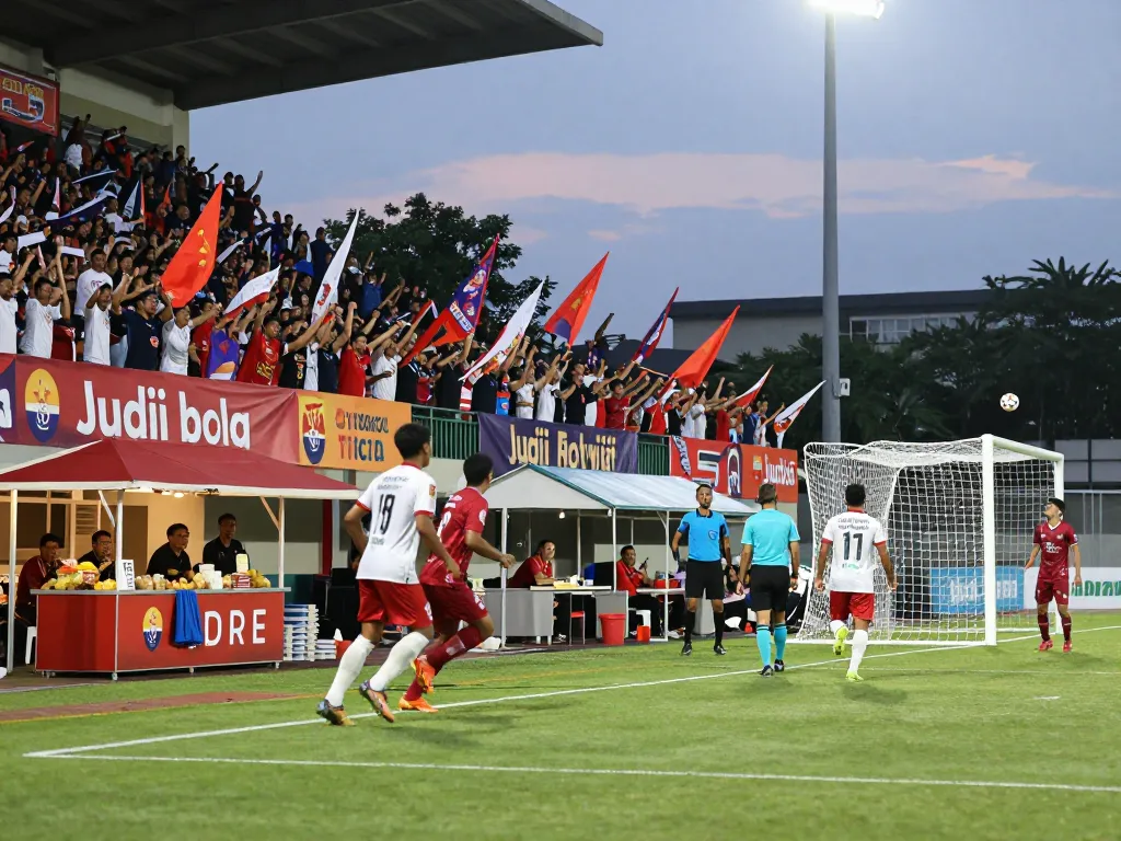Exciting soccer match illustrating Judi Bola betting thrills with cheering fans, players in action, and vibrant stadium atmosphere.