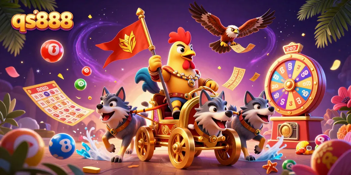Experience the excitement of qs888 with a rooster warlord amidst dynamic lottery excitement.