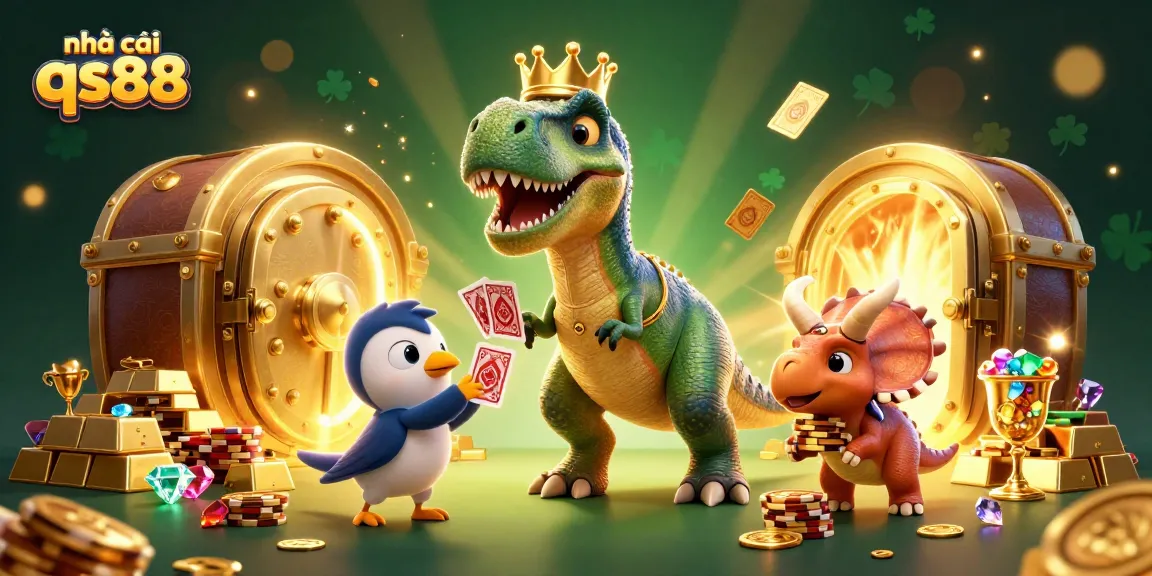 Engage in thrilling games at nhà cái qs88 with vibrant 3D illustration of a T-Rex and triceratops in a casino.