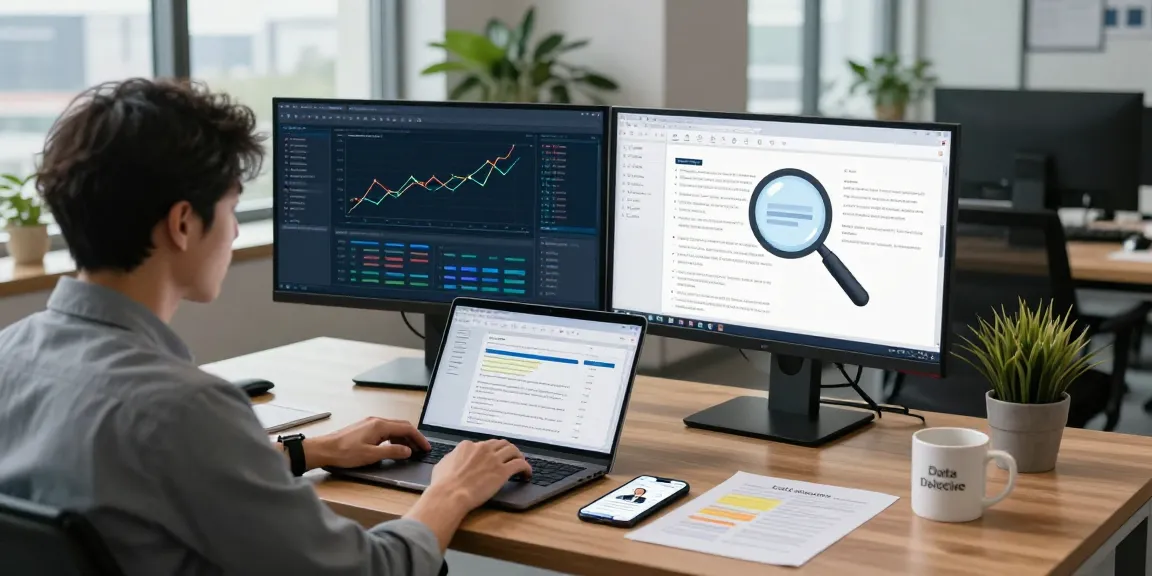 Focused data analyst performing document fraud detection analysis in modern office setting.