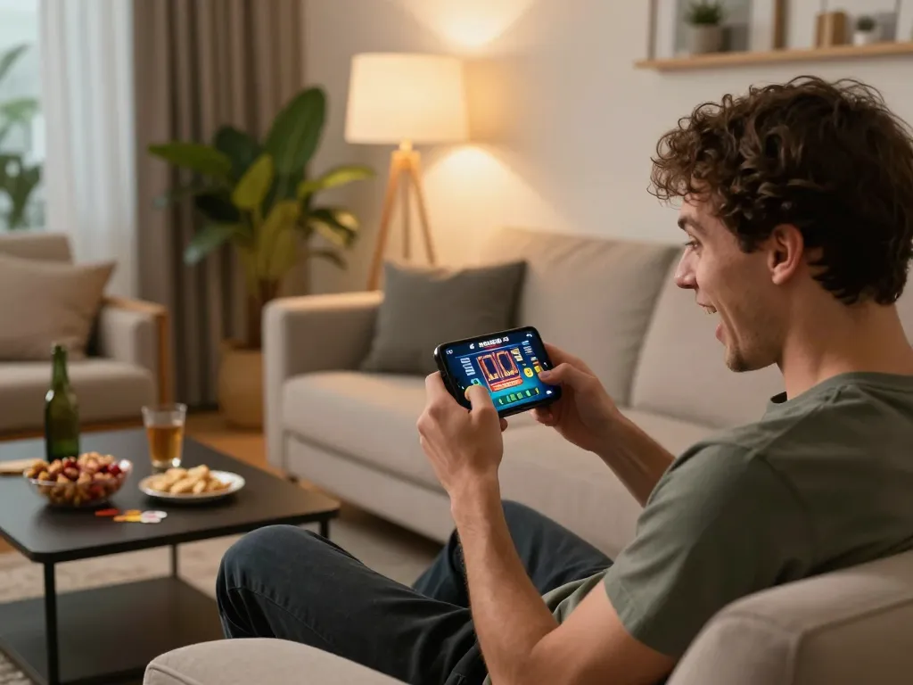 Engaging tg88 bet gameplay on mobile app, showcasing enthusiastic player in cozy home setting.