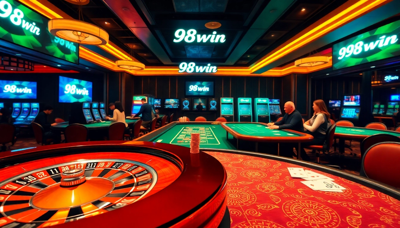Exciting casino scene featuring 98win logo, poker action, and vibrant gaming atmosphere.