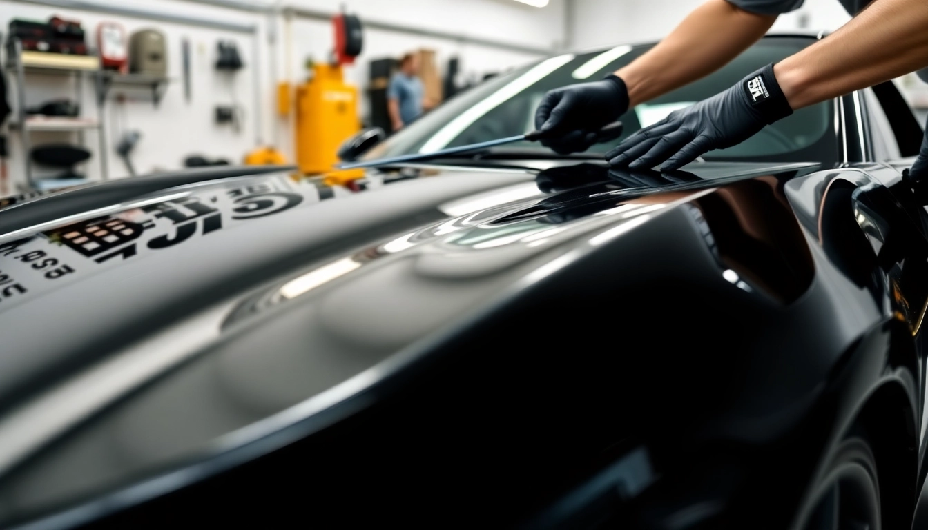 Install paint protection film near me on a black sports car in a professional workshop.