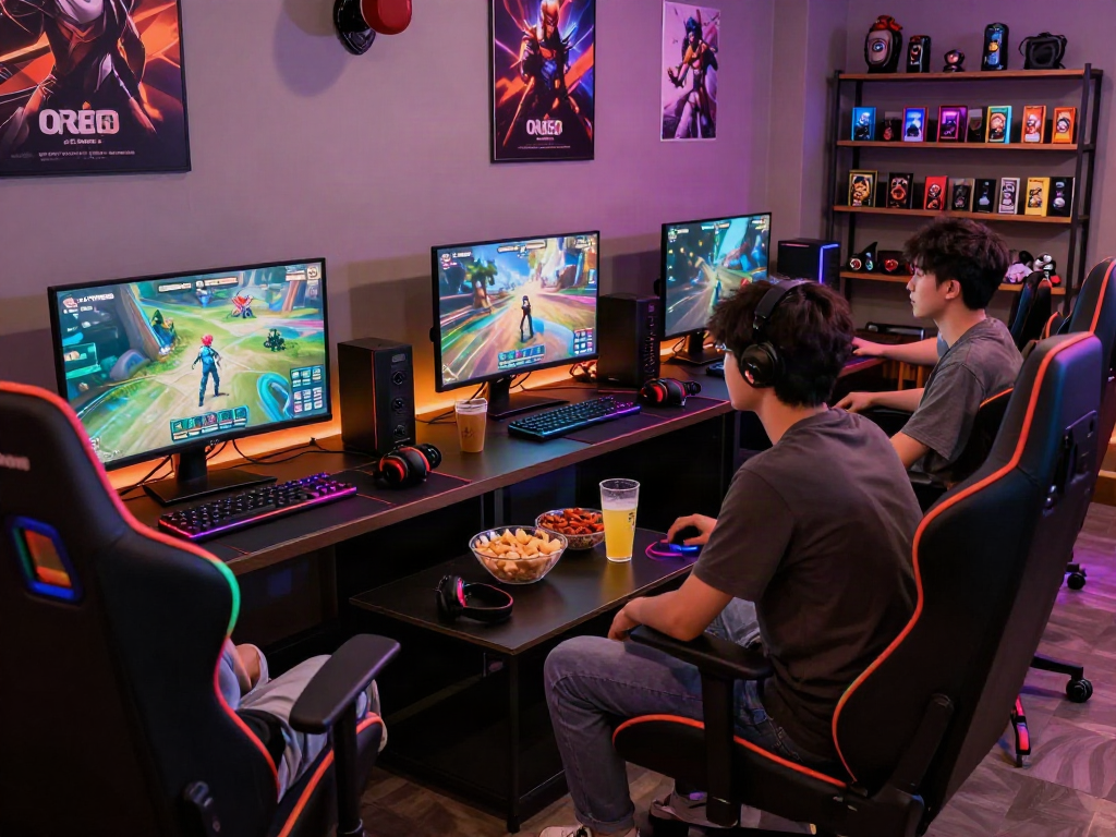 Exciting gaming lounge scene featuring friends playing rokok88 super with vibrant lighting and stylish decor.