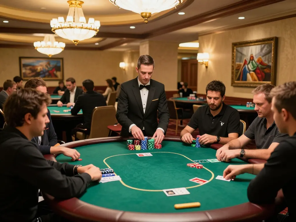 Vin88 players strategizing at a professional poker table in an upscale casino.