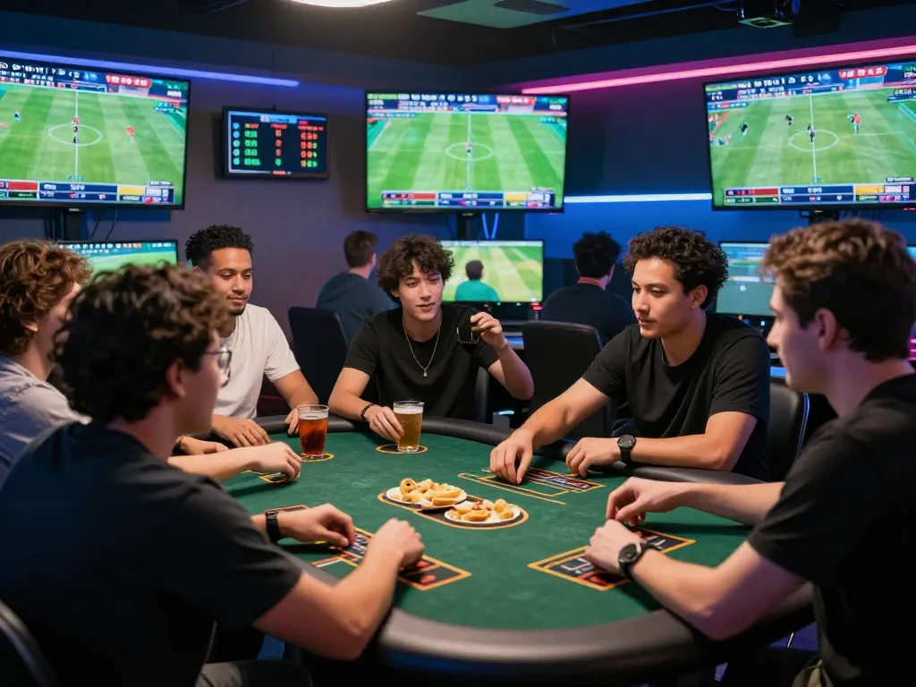 Engaging gambling scene showcasing friends placing bets on nhà cái uy tín events, illuminated by vibrant lights and screens.