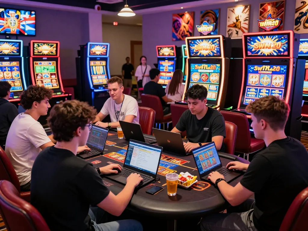 Dynamic online gaming atmosphere with players enjoying sunwin20 slots and card games.