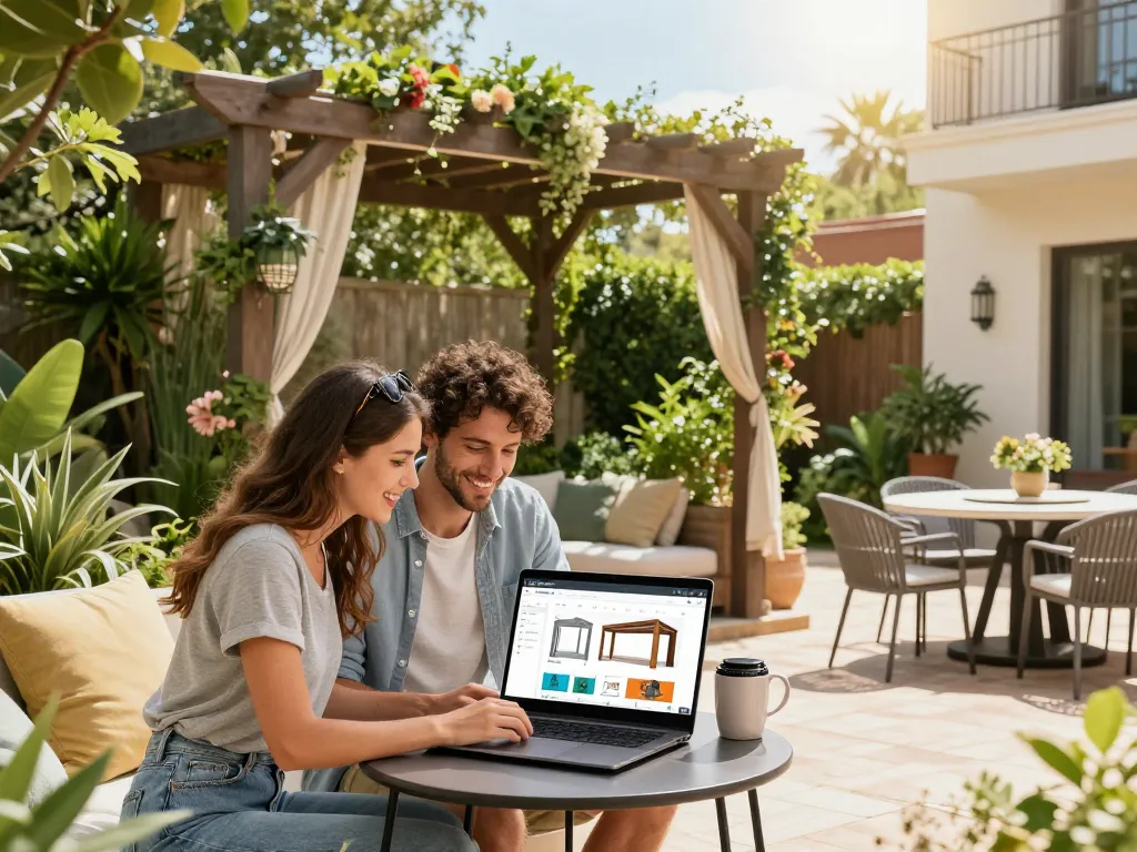Coppia che utilizza il configuratore pergole online per progettare la propria pergola personalizzata in un ambiente esterno soleggiato.