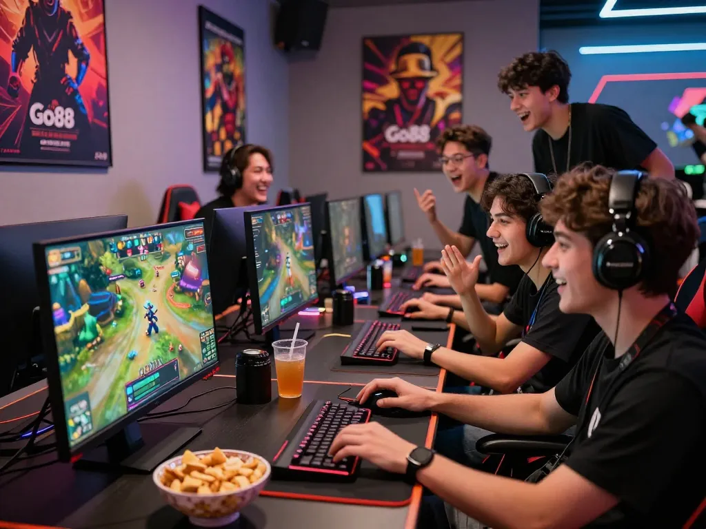 Tải go88 with friends enjoying online gameplay, vibrant gaming room.
