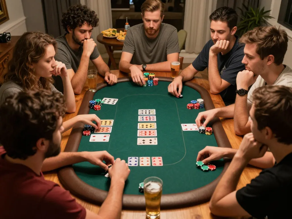 Players at a home poker game pondering their hands while enjoying an evening with ee88 strategy tips.