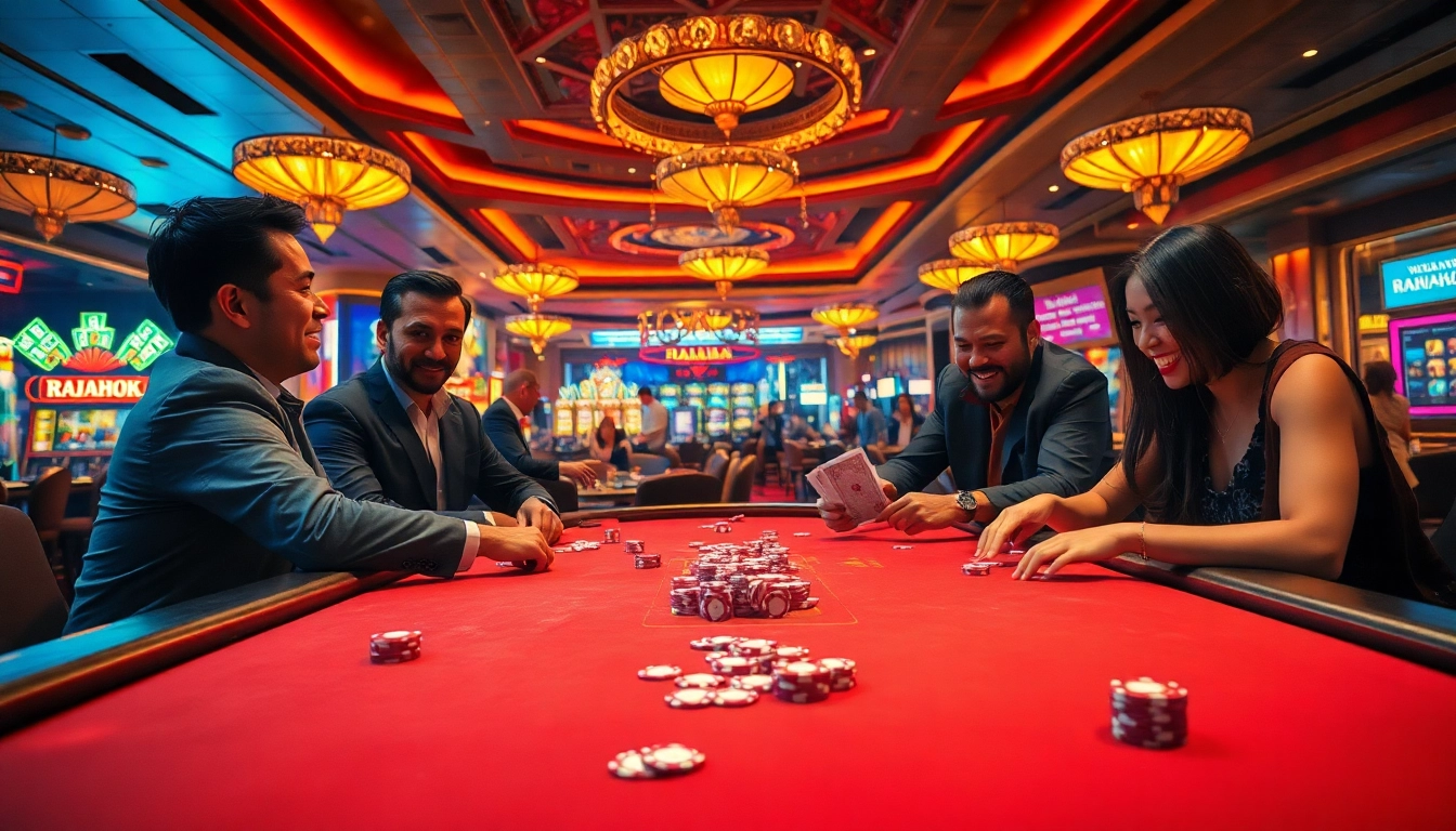 Rajahoki table filled with colorful chips and excited players in a dynamic casino atmosphere.