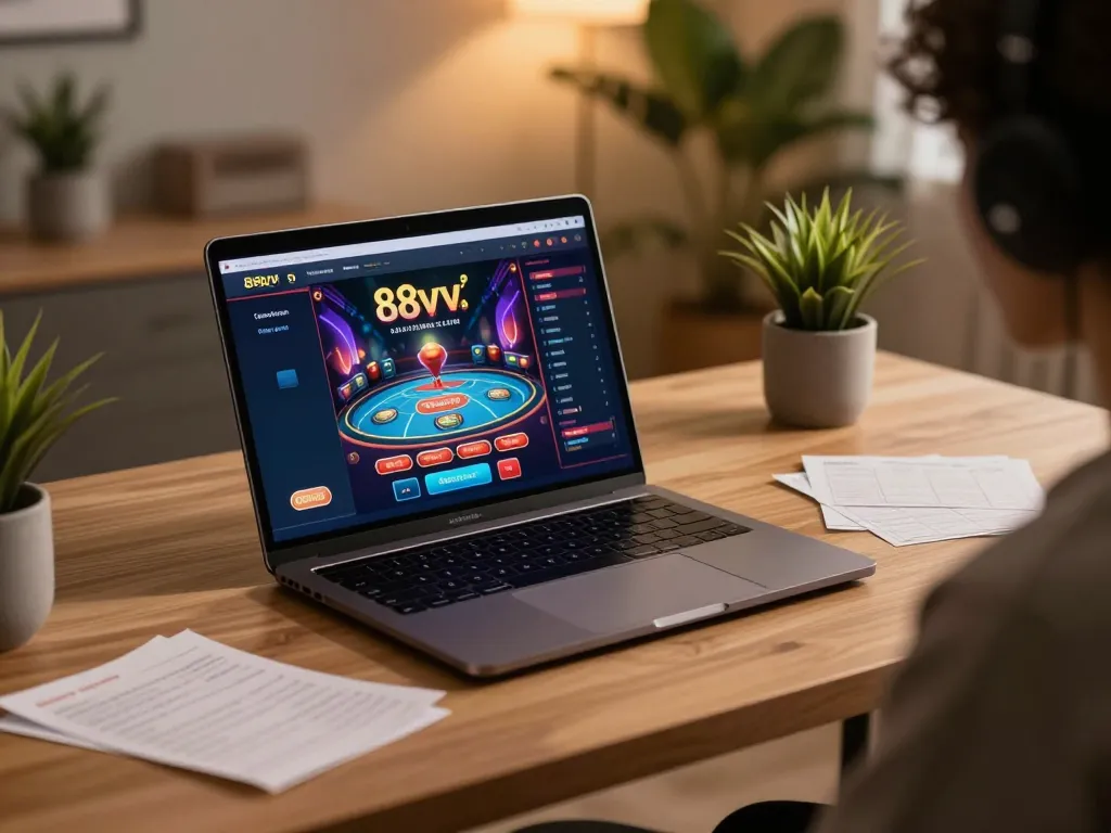 Player engaging with 88vv casino app on laptop in a cozy, stylish home office.