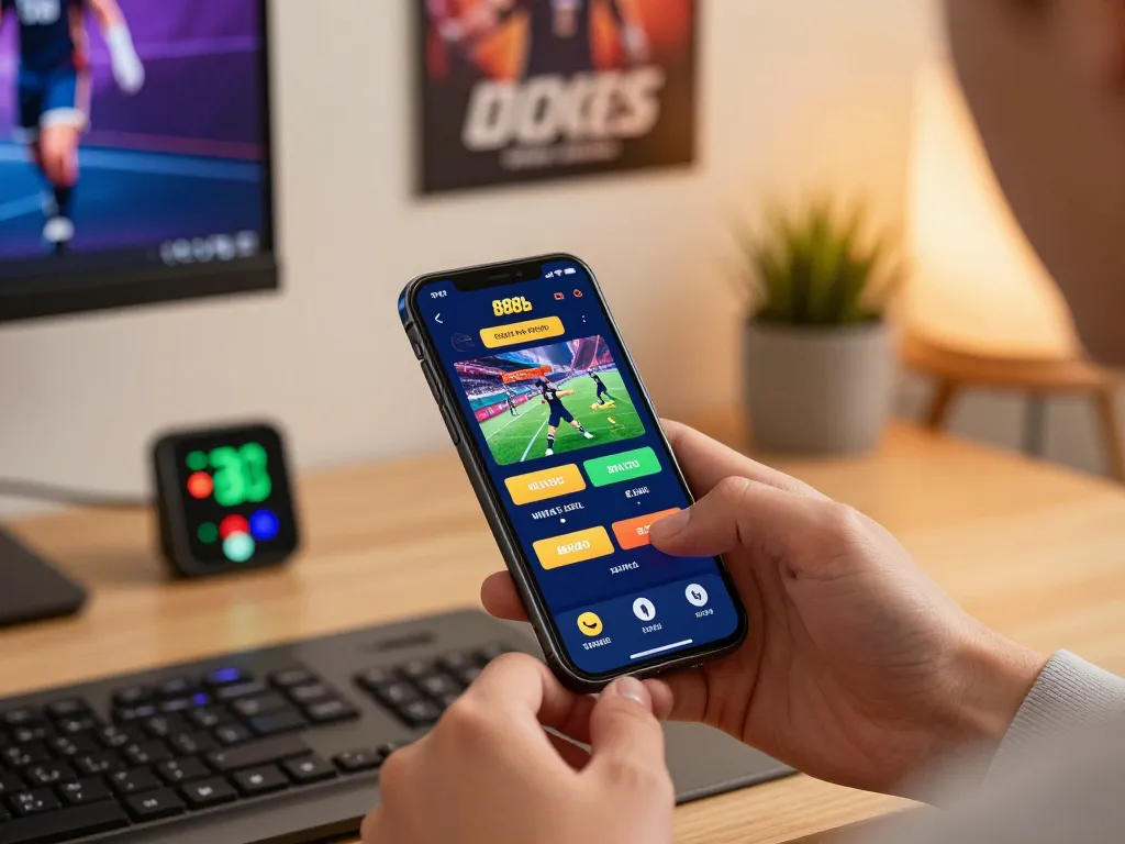 Engaged player using 888b sports betting app on smartphone at home with warm and inviting atmosphere
