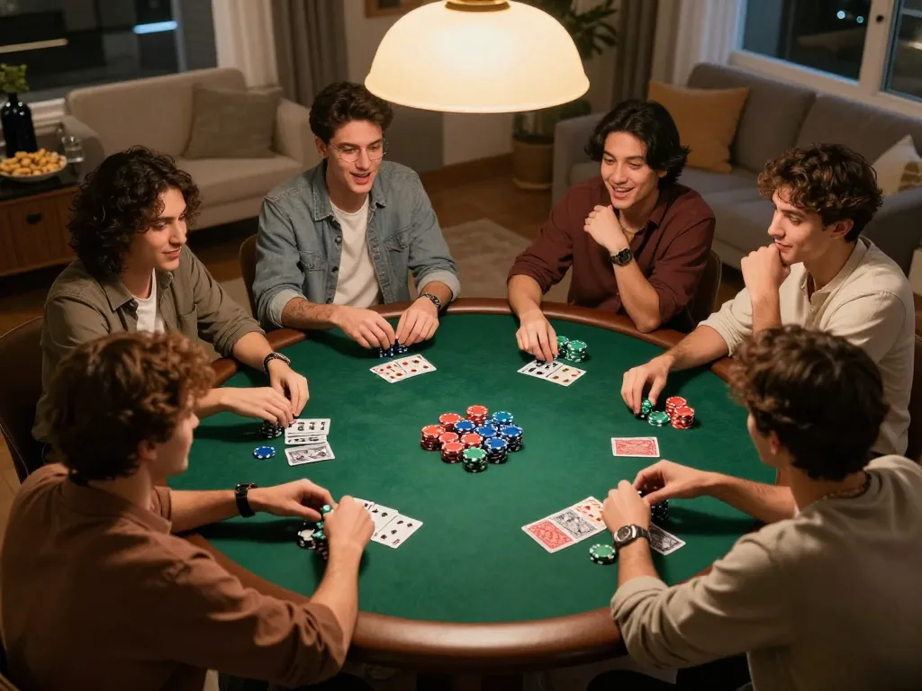 Enjoying a thrilling home poker night with rusuntogel, friends engaged with chips and cards.