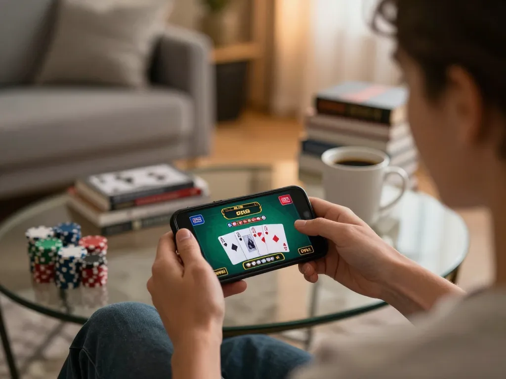 Engaging scene of a user playing online casino game on smartphone, exploring lc88 for strategic betting.