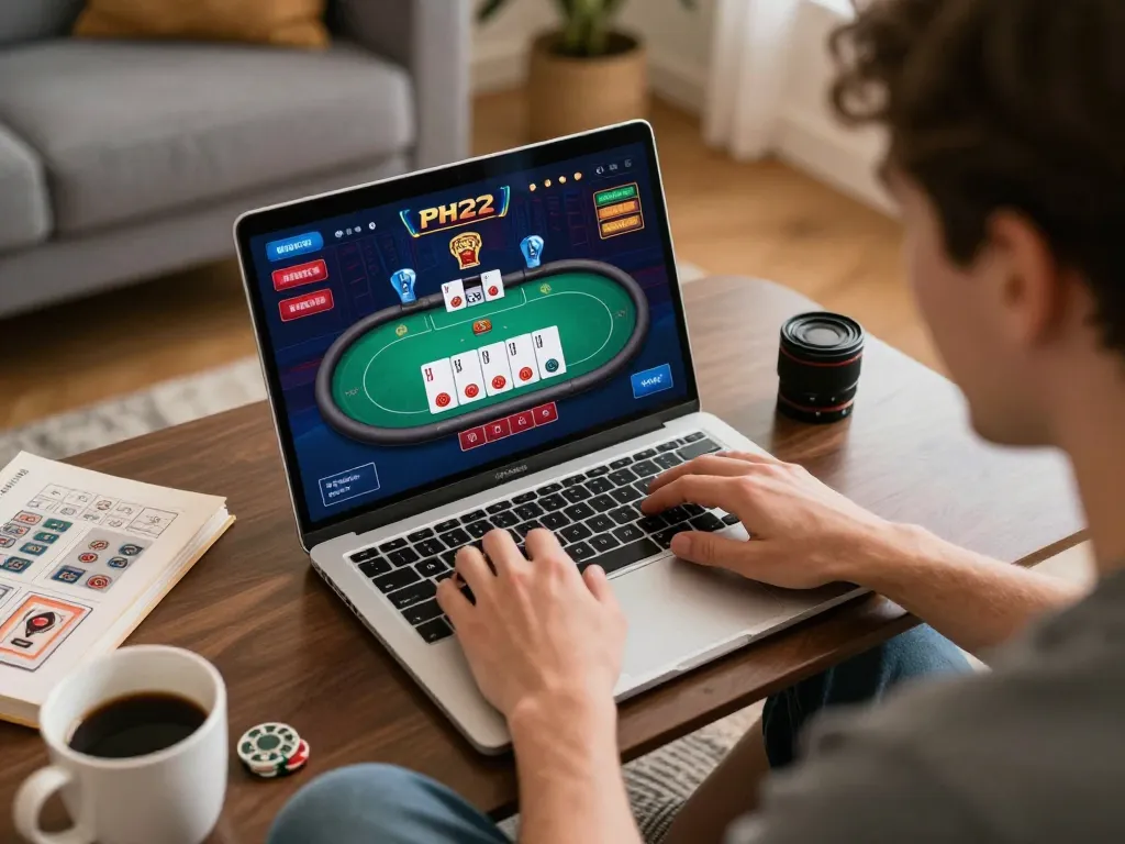 Player engaging in PH22 online poker game on laptop in cozy living room setting.