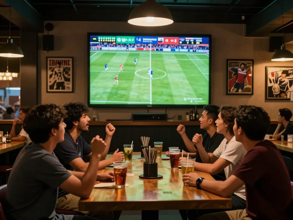 Socolive trực tiếp bóng đá on a large screen in a crowded sports bar filled with excited fans.