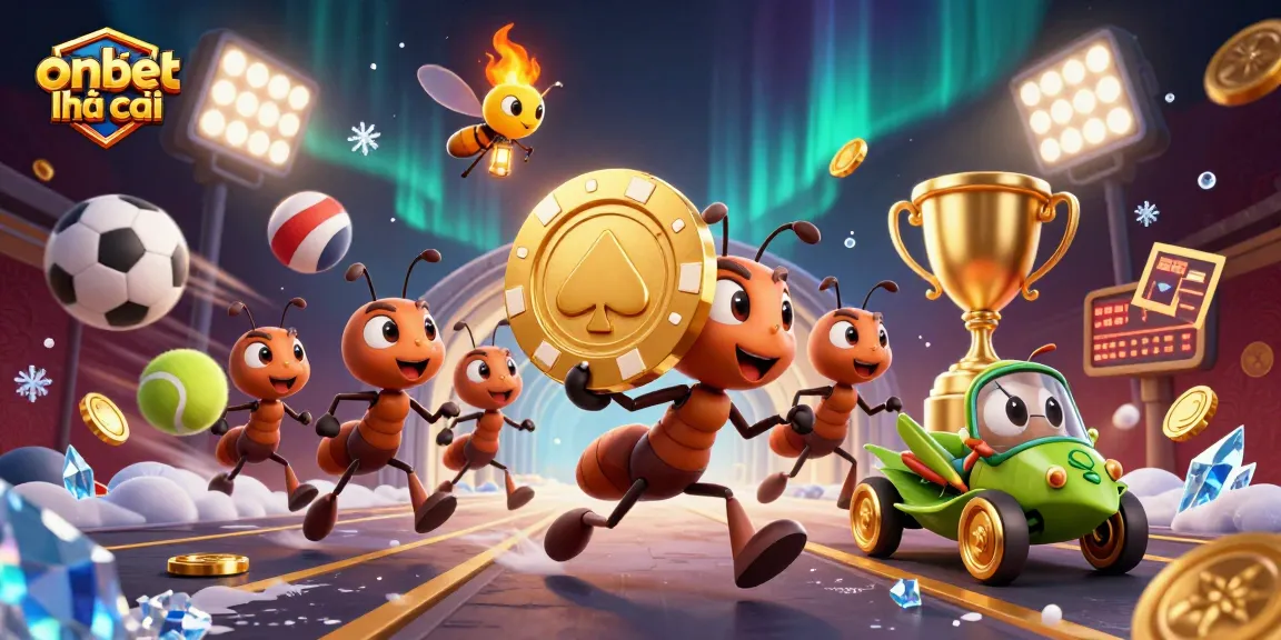 Experience onbet nhà cái with cartoon ants heisting a giant poker chip amid a vivid casino-themed backdrop.
