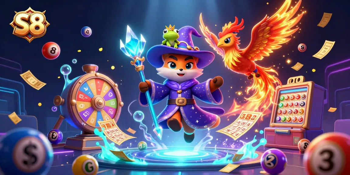 S8 players joining a thrilling casino experience with a wizard fox, phoenix, and colorful lottery elements.
