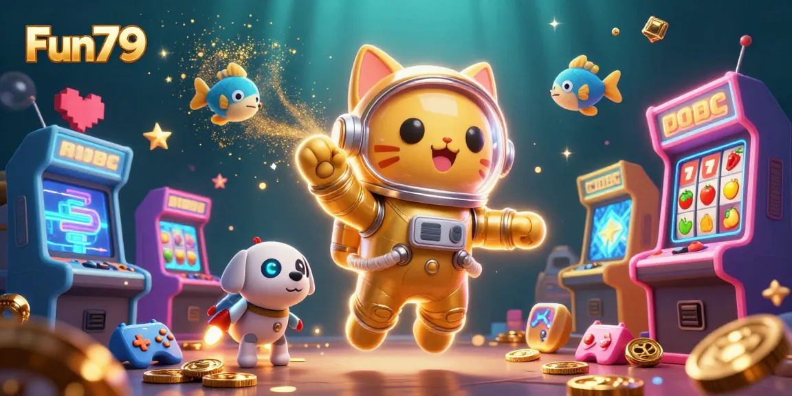 Engage and win at Fun79 with a vibrant 3D illustration of an astronaut cat and game elements.