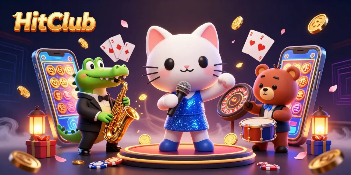 HitClub showcases vibrant 3D characters performing at a casino, celebrating with lively games.
