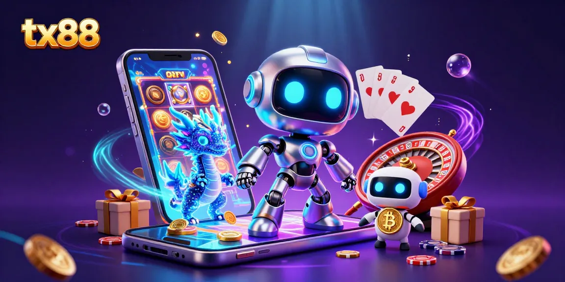 Experience excitement with tx88's dynamic digital casino scene, featuring vibrant slot games and thrilling characters.