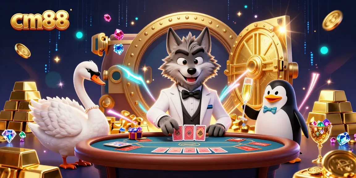 Experience thrilling gaming at cm88 with a wolf, swan, and penguin in a glamorous casino setting filled with treasure.