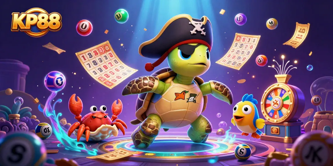 KP88 presents a vibrant underwater scene with a pirate turtle and colorful lottery elements, highlighting the excitement of gaming.