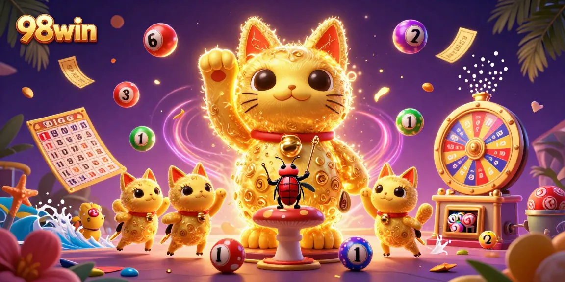 Engage with 98win's vibrant lottery-themed illustration featuring dynamic symbols and colors.
