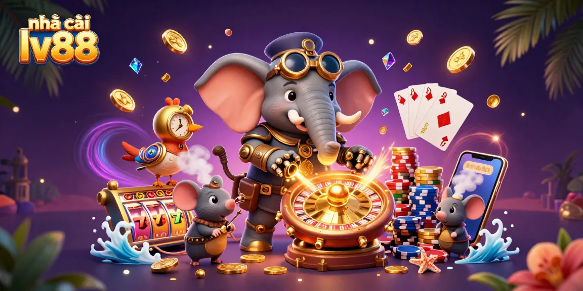 Engage with nhà cái lv88's immersive gaming experience featuring an animated steampunk elephant and casino elements.