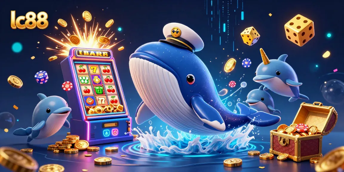 Experience exciting winnings at lc88 with a lively scene featuring a whimsical whale and playful dolphins around a jackpot!