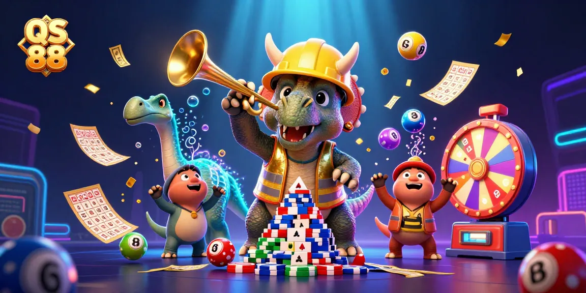 Experience the excitement at QS 88 as cartoon dinosaurs celebrate with vibrant game elements in a thrilling casino atmosphere.