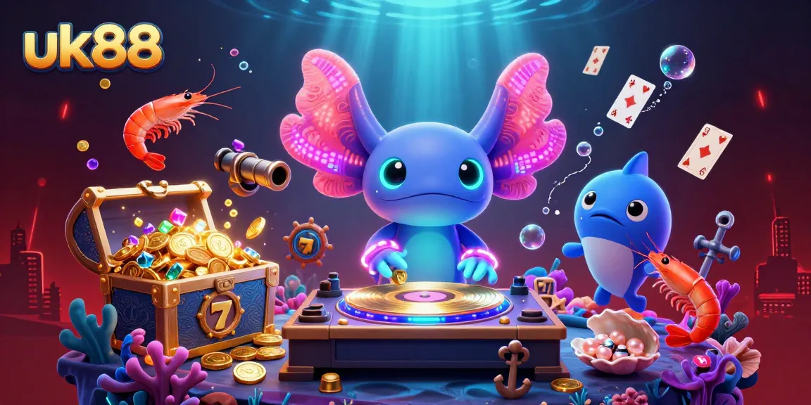 Experience uk88's vibrant underwater casino scene with playful characters and dazzling treasures.